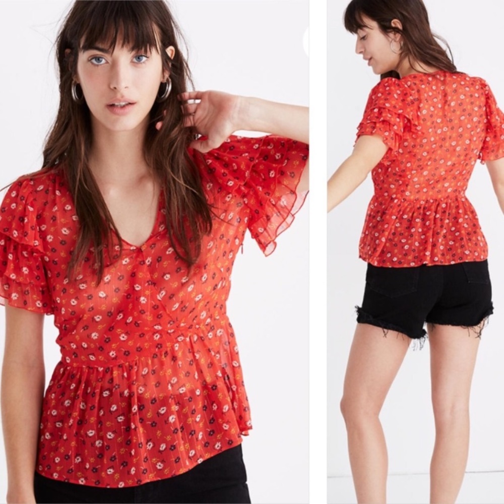 Madewell | Tiered Sleeve Peplum Top Metallic Posie